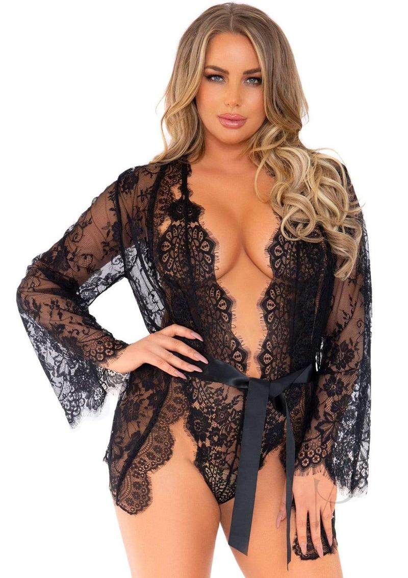 Leg Avenue Floral Lace Teddy with Adjustable Straps and Cheeky Thong Back, Matching Lace Robe with Scalloped Trim and Satin Tie - Red or Black