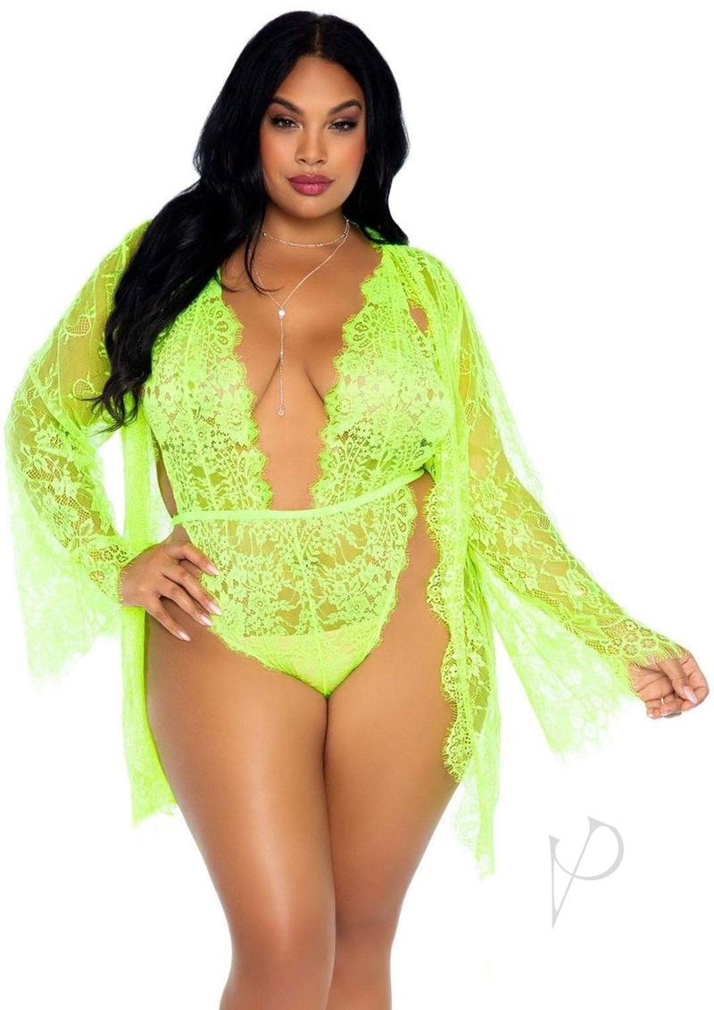 Leg Avenue Floral Lace Teddy with Adjustable Straps and Cheeky Thong Back, Matching Lace Robe with Scalloped Trim and Satin Tie (3 piece) - Pink or Green