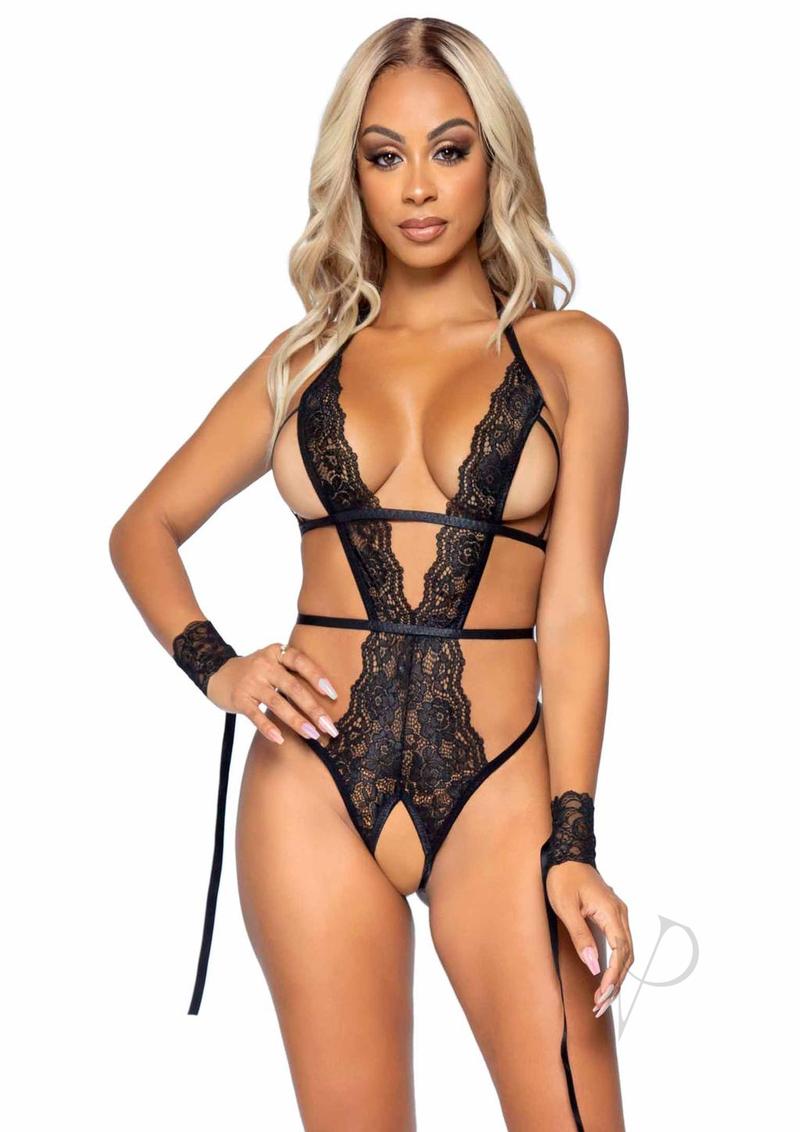 Leg Avenue Cage Strap Crotchless Lace Teddy with G-String Back and Open Cup, Tie Back Straps and Restraint Wrist Cuffs Set (2 pieces) - Red or Black