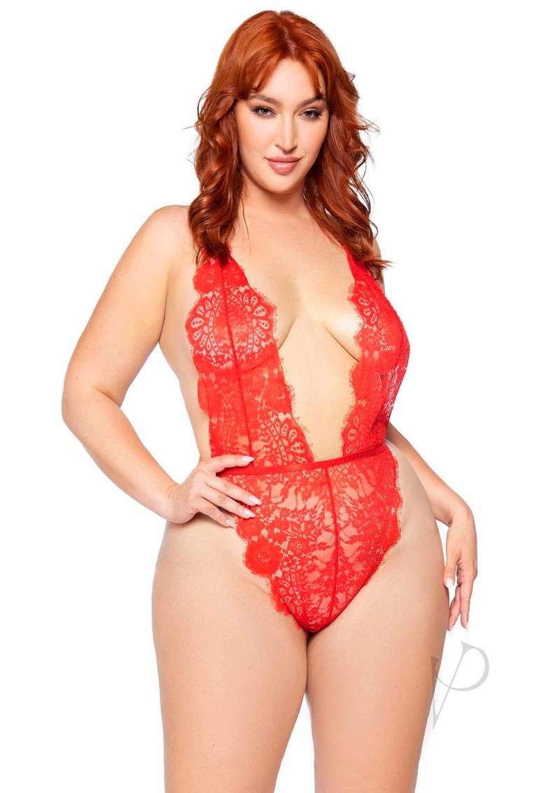 Leg Avenue Floral Lace Teddy with Adjustable Straps and Cheeky Thong Back, Matching Lace Robe with Scalloped Trim and Satin Tie - Red or Black