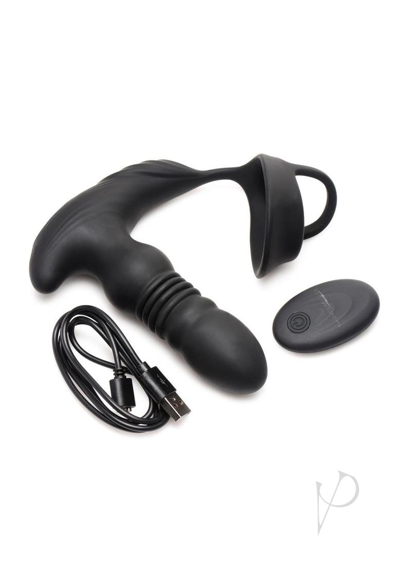 Thunder Plugs Rechargeable 10X Thrusting Silicone Vibrator with Cock & Ball Strap - Black